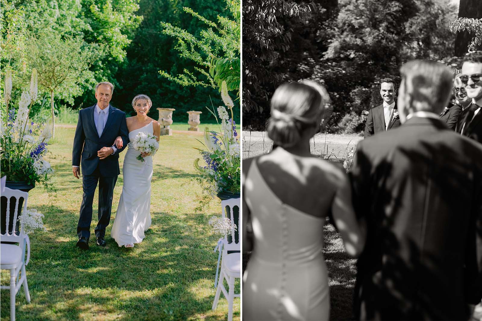 La marié en robe blanche, élégante avec son père et le mari la regardant