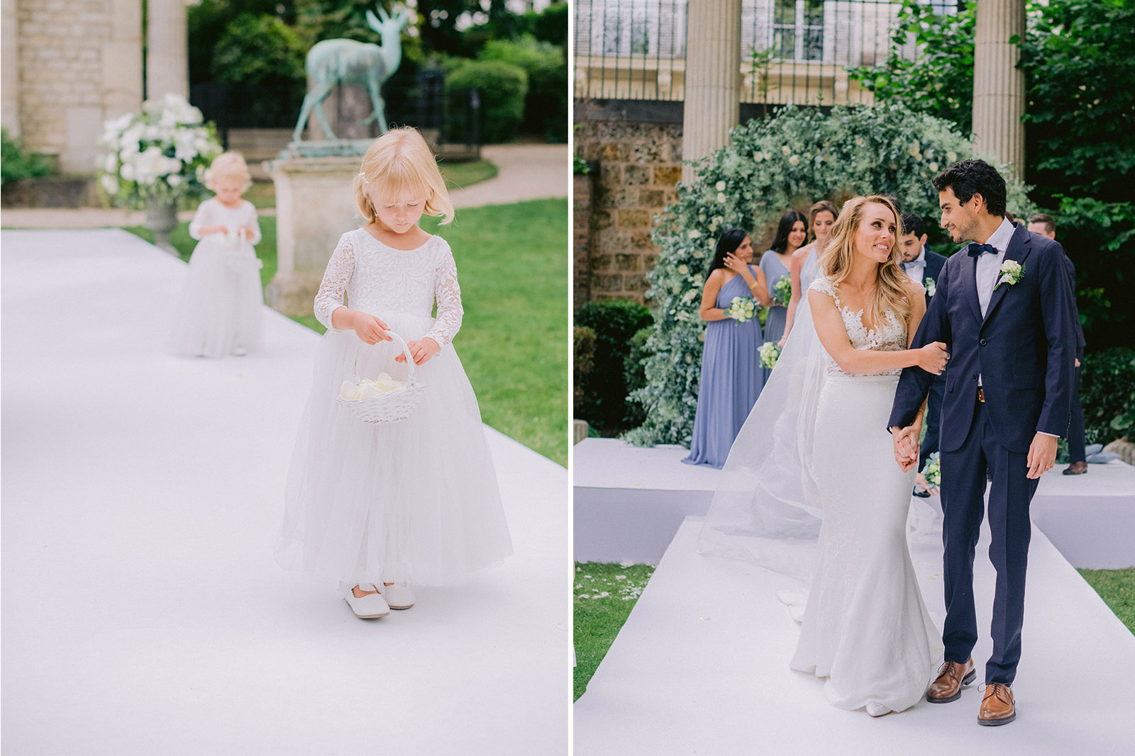 Cérémonie de mariage avec les enfants déposant des roses blanches et les mariés se regardant