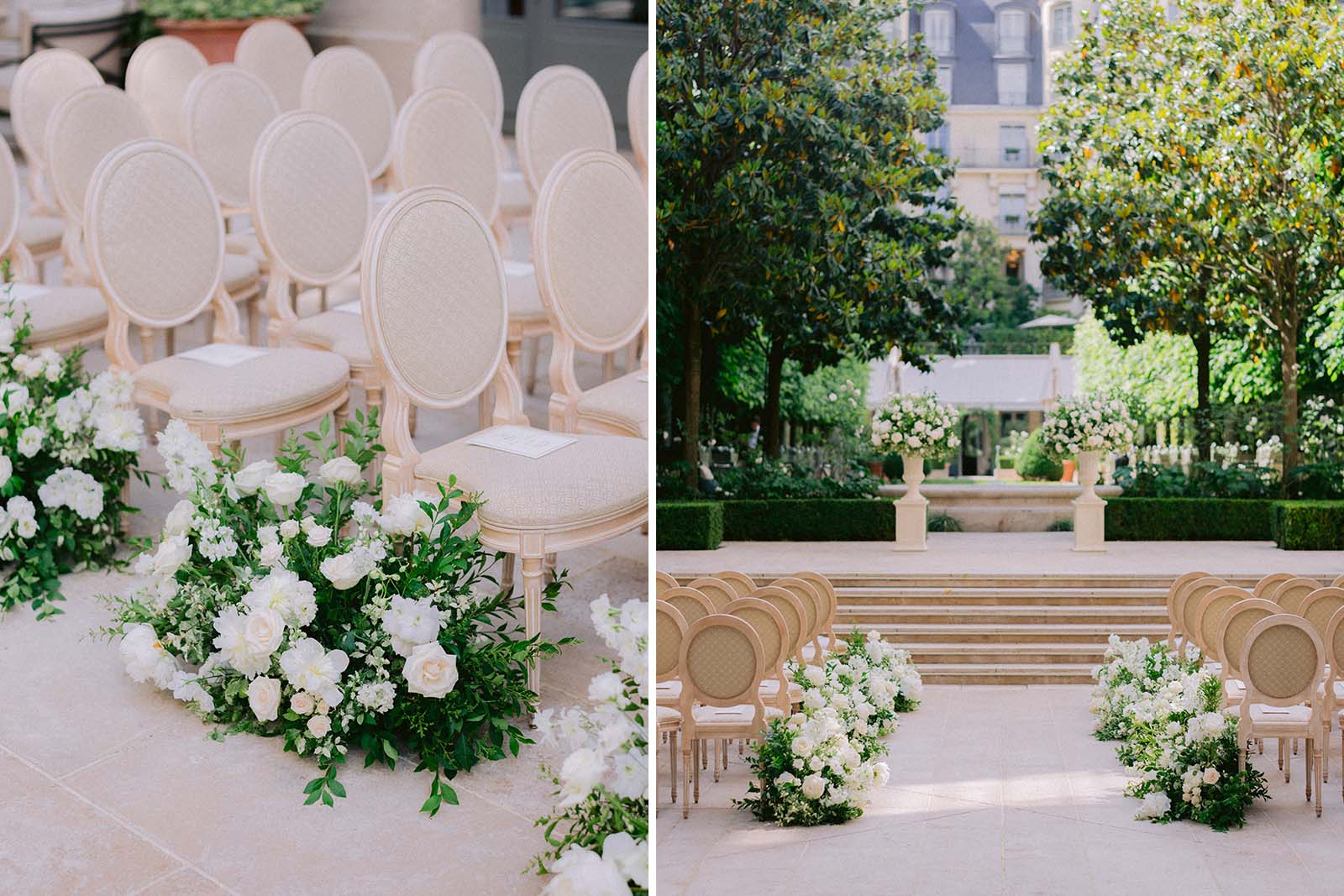 Des chaises de cérémonie blanche et élégante et l'allée de cérémonie peuplée d'arbres et de roses blanches