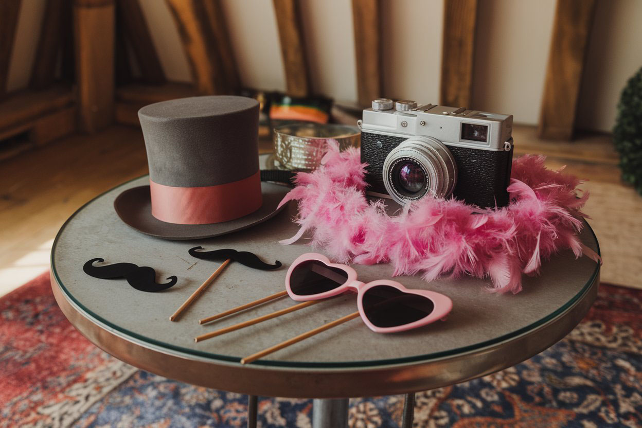 Photobooth de table avec accessoires amusants pour les invités d'un mariage.