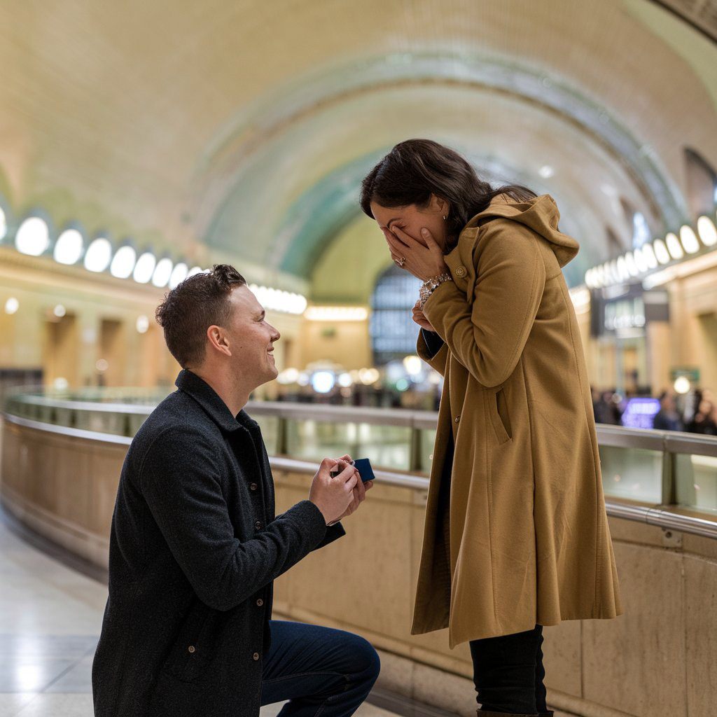 un homme fait sa demande en mariage dans une gare