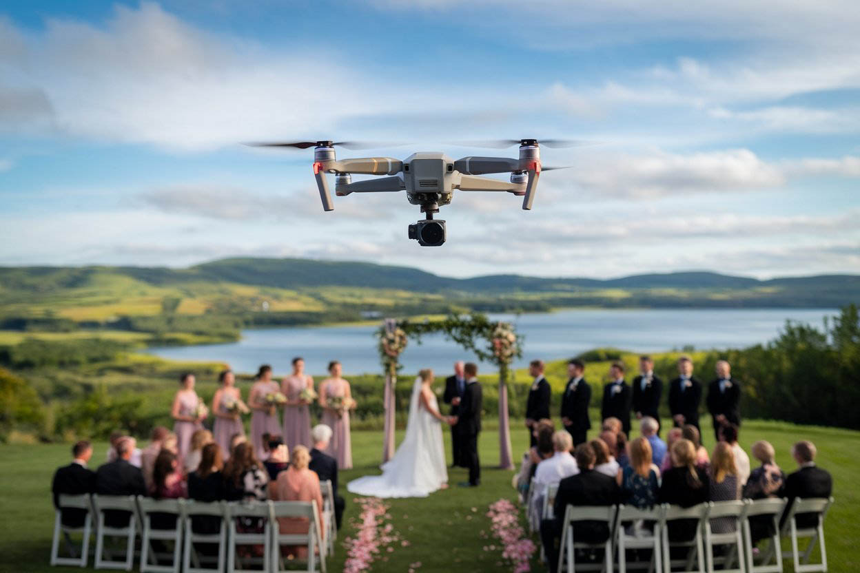 Drone capturant une vue aérienne d’un mariage en extérieur